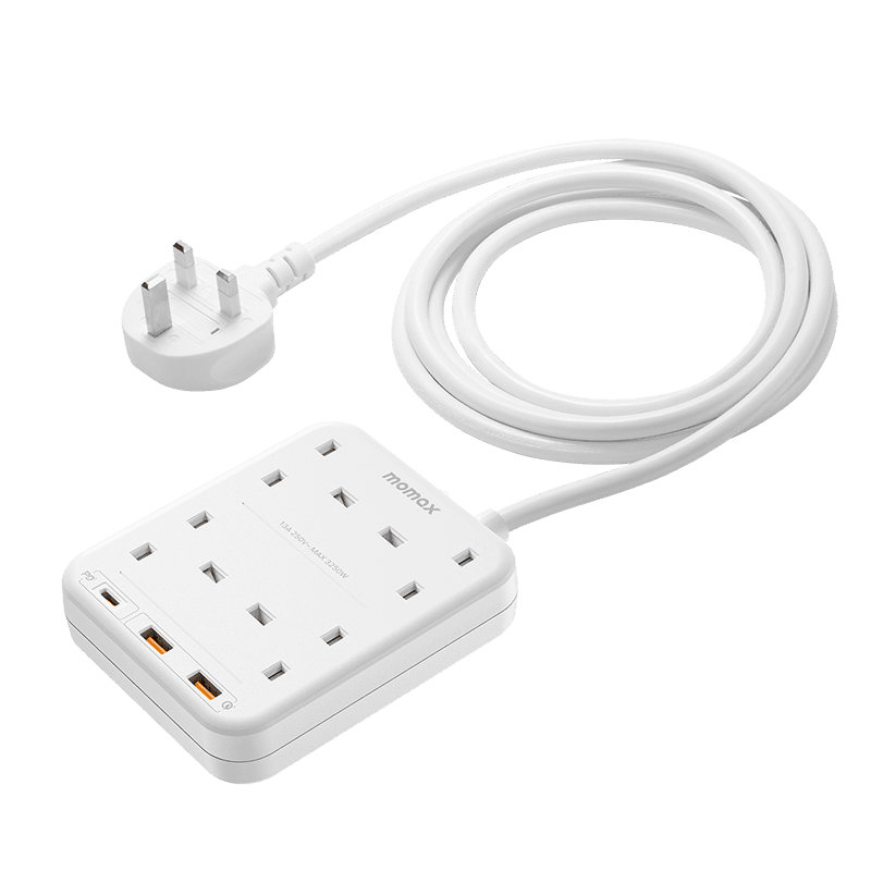 توصيلة كهرباء 4 منافذ تيار متردد بريطاني مع منافذ يو اس بي من موماكس لون أبيض Momax oneplug 4 outlet power strip with usb space