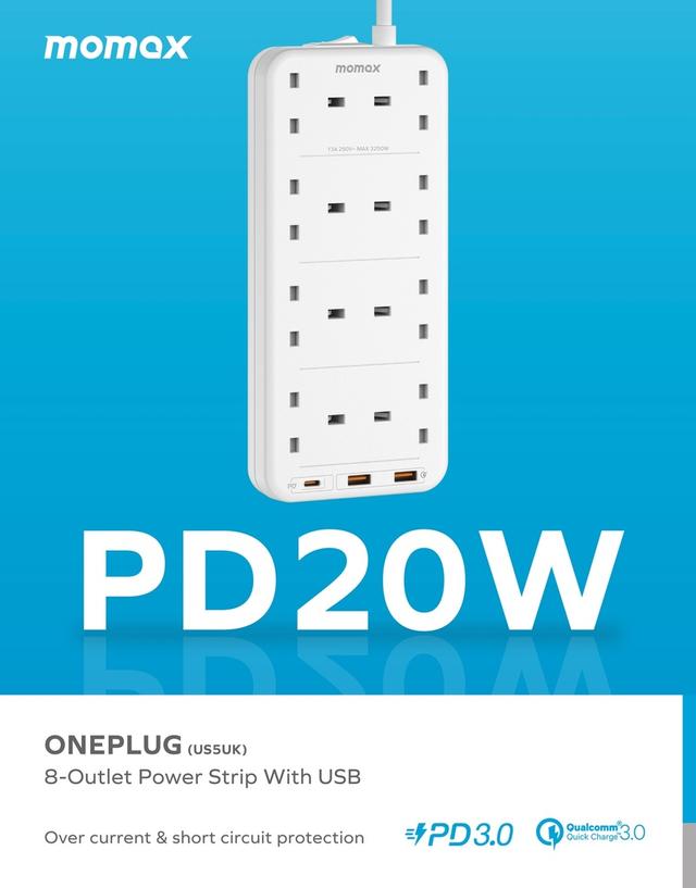 توصيلة كهرباء 8 مخارج تصميم بريطاني مع منافذ يو اس بي لون أبيض Momax oneplug 8 outlet power strip with usb space - SW1hZ2U6MTQ2MzEyMw==