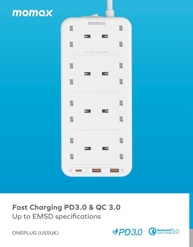 توصيلة كهرباء 8 مخارج تصميم بريطاني مع منافذ يو اس بي لون أبيض Momax oneplug 8 outlet power strip with usb space - SW1hZ2U6MTQ2MzEyNw==