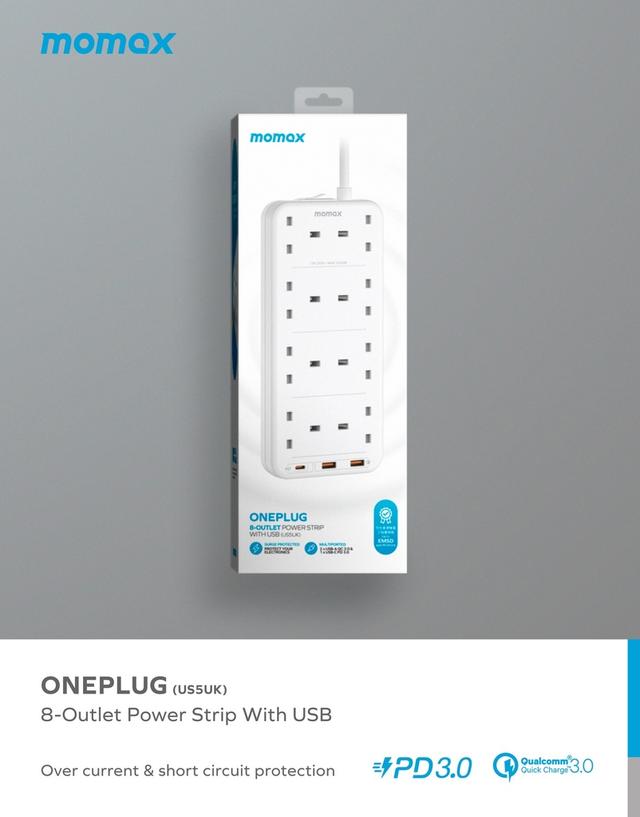 توصيلة كهرباء 8 مخارج تصميم بريطاني مع منافذ يو اس بي لون أبيض Momax oneplug 8 outlet power strip with usb space - SW1hZ2U6MTQ2MzEzMQ==