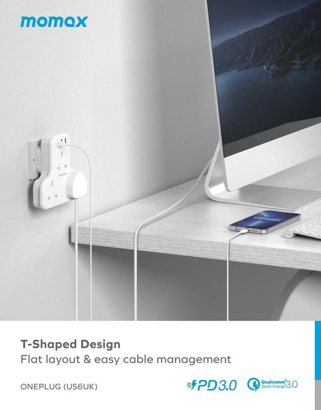 Momax oneplug 3 outlet t-shaped extension socket with usb space grey - SW1hZ2U6MTQ2MzExMg==