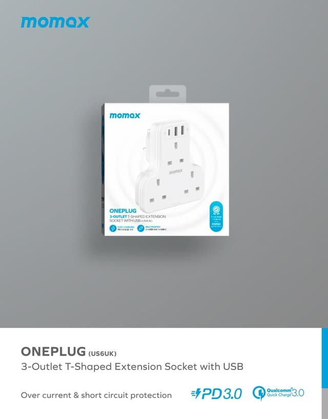 توصيلة كهرباء بثلاث مآخذ تصميم بريطاني مع منافذ يو اس بي من موماكس لون أبيض Momax oneplug 3 outlet t shaped extension socket with usb space