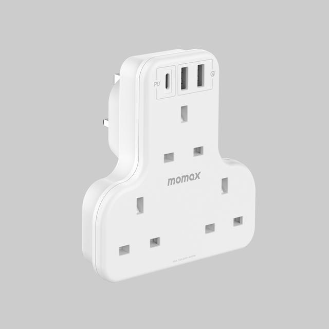 توصيلة كهرباء بثلاث مآخذ تصميم بريطاني مع منافذ يو اس بي من موماكس لون أبيض Momax oneplug 3 outlet t shaped extension socket with usb space - SW1hZ2U6MTQ2MzExOA==