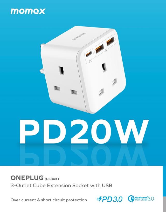 Momax oneplug 3 outlet cube extension socket with usb space white - SW1hZ2U6MTQ2MDk0Mg==