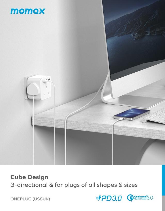 Momax oneplug 3 outlet cube extension socket with usb space white - SW1hZ2U6MTQ2MDk0NA==