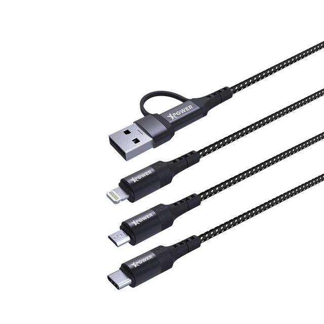 كيبل شحن متعدد الرؤوس 3 خرج و2 دخل آي سي اكس ثري نايلون 1 متر من اكسبور لون أسود Xpower charging cable