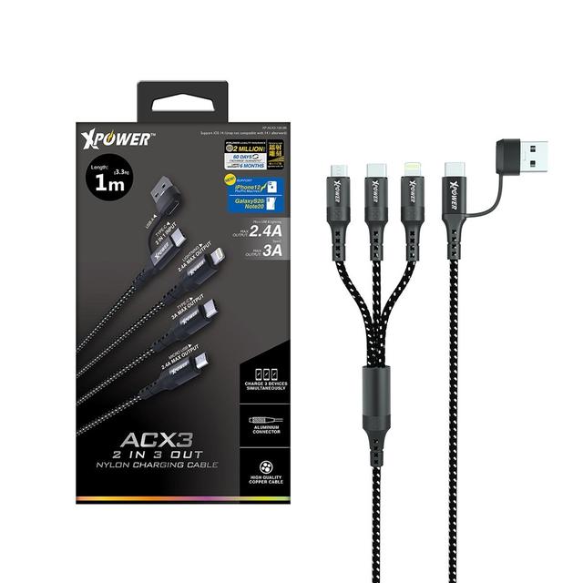 كيبل شحن متعدد الرؤوس 3 خرج و2 دخل آي سي اكس ثري نايلون 1 متر من اكسبور لون أسود Xpower charging cable