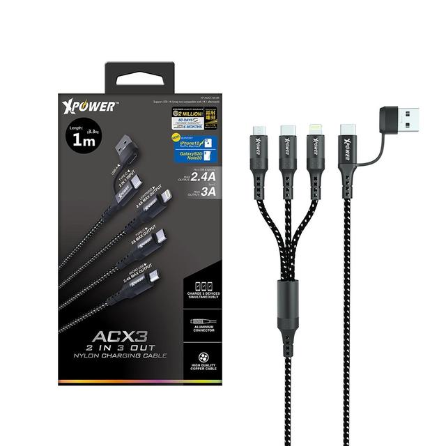 كيبل شحن متعدد الرؤوس 3 خرج و2 دخل آي سي اكس ثري نايلون 1 متر من اكسبور لون أسود Xpower charging cable - SW1hZ2U6MTQ1Nzg0Mw==