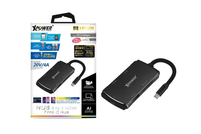 موزع يو اس بي سي بي دي هاب اتش يو 6 6 في 1 من اكسبور Xpower hu6 6in1 type c pd hub black