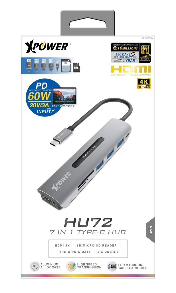 موزع يو اس بي سي اتش يو 7 7 في 1 60 وات للشحن السريع ونقل البيانات من اكسبور لون رمادي Xpower hdmi type c pd hub - SW1hZ2U6MTQ2MTk1OQ==