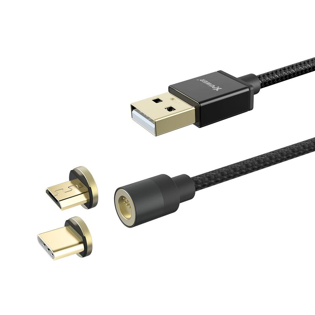 كيبل تايب سي و ميكرو 2 في 1 رؤوس مغناطيسية نايلون 1 متر من اكسبور لون أسود Xpower magnetic cable