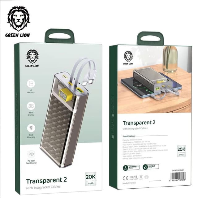 باور بانك شاحن متنقل شفاف جرين سعة 20000 مللي أمبير Green Lion Transparent 2 Power Bank