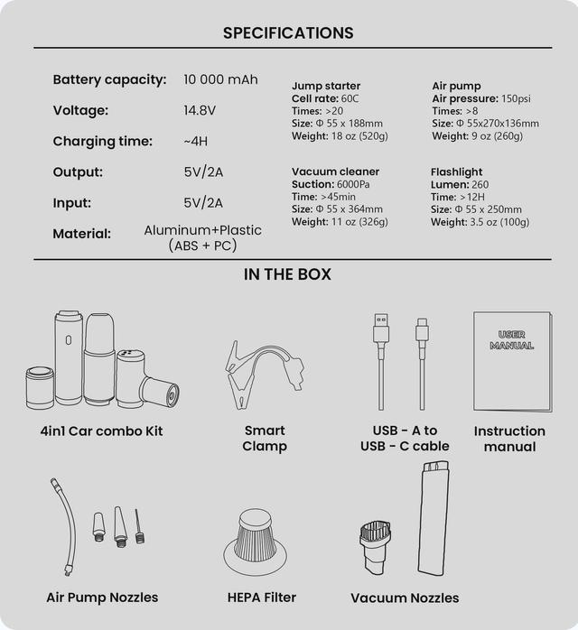 4 in 1 Jump Starter Portable with Air Pump, Vacuum Cleaner, Flashlight And Power Bank