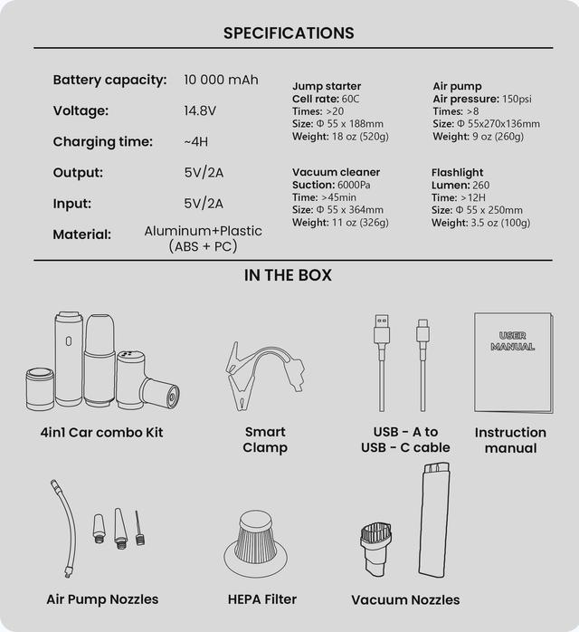 شاحن بطارية سيارة متنقل و منفاخ ومكنسة سيارة مع باور بانك مدمج 10000 مللي أمبير Jump Starter Portable with Air Pump, Vacuum Cleaner, Flashlight And Power Bank - SW1hZ2U6MTQ2MzQyNg==