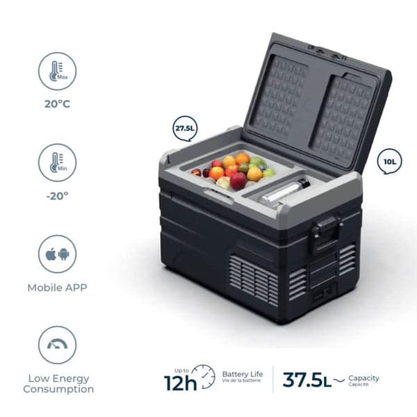 ثلاجة رحلات كبيرة مزدوجة متنقلة باورولوجي 37.5 لتر قابلة للشحن 15600 مللي أمبير Powerology Smart Dual Compartment Fridge And Freezer