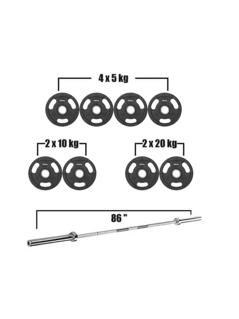 مجموعة طارات اوزان حديد قرصية مطاطية أولمبية مع بار باللون الأسود 100كجم سندان Olympic Rubber Grip Disc with Barbell Set