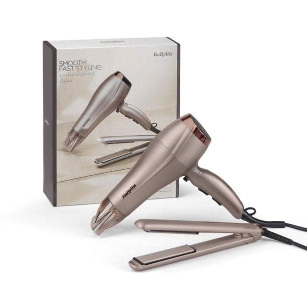 استشوار شعر بقوة 2300 واط مع مكواة شعر بيبي بدرجة حرارة قصوى 235 لون بيج BABYLISS DRYER and STRAIGHTENER