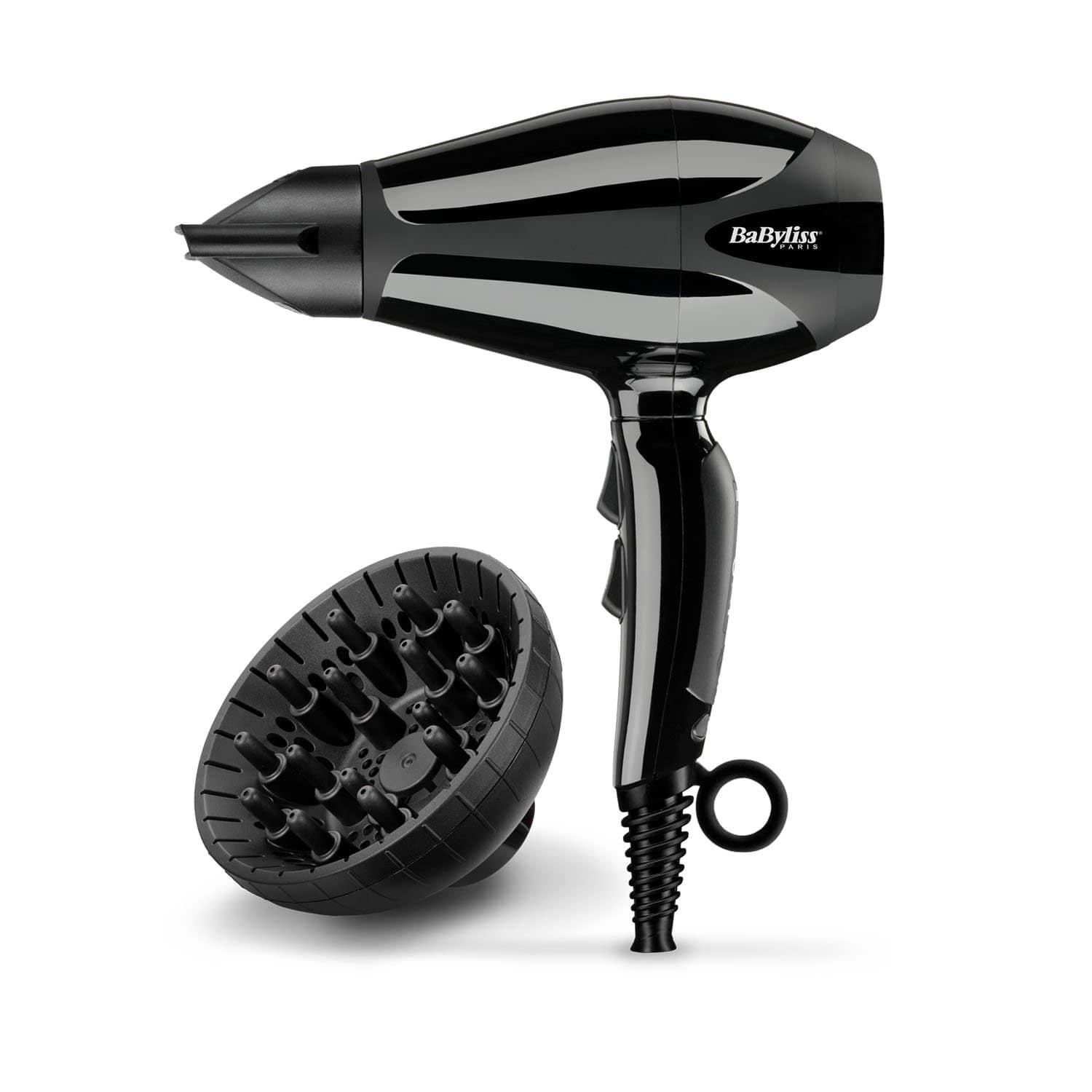Babyliss AC Dryer 2400W 2 Nozzles Ionic Black 2 Heat 2 Speed Cold Shot Frizz Control Diffuser - 6715DSDE