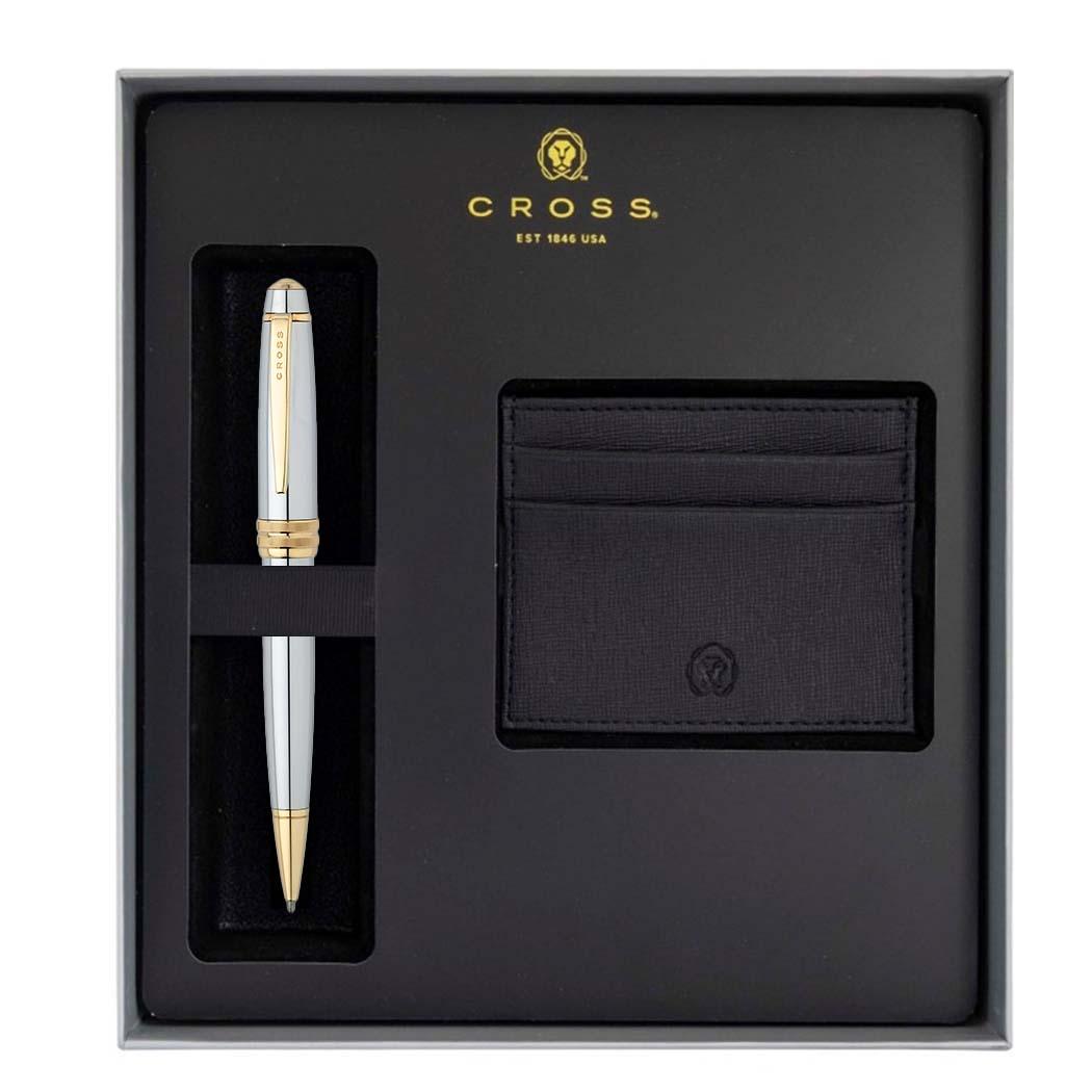 Cross Bailey Medalist Polished Chrome And 23 Karat Gold-Plated Appointments Ballpoint Pen + With Free Credit Card Case In Customized Gift Box - AC295-1+AT0452-6