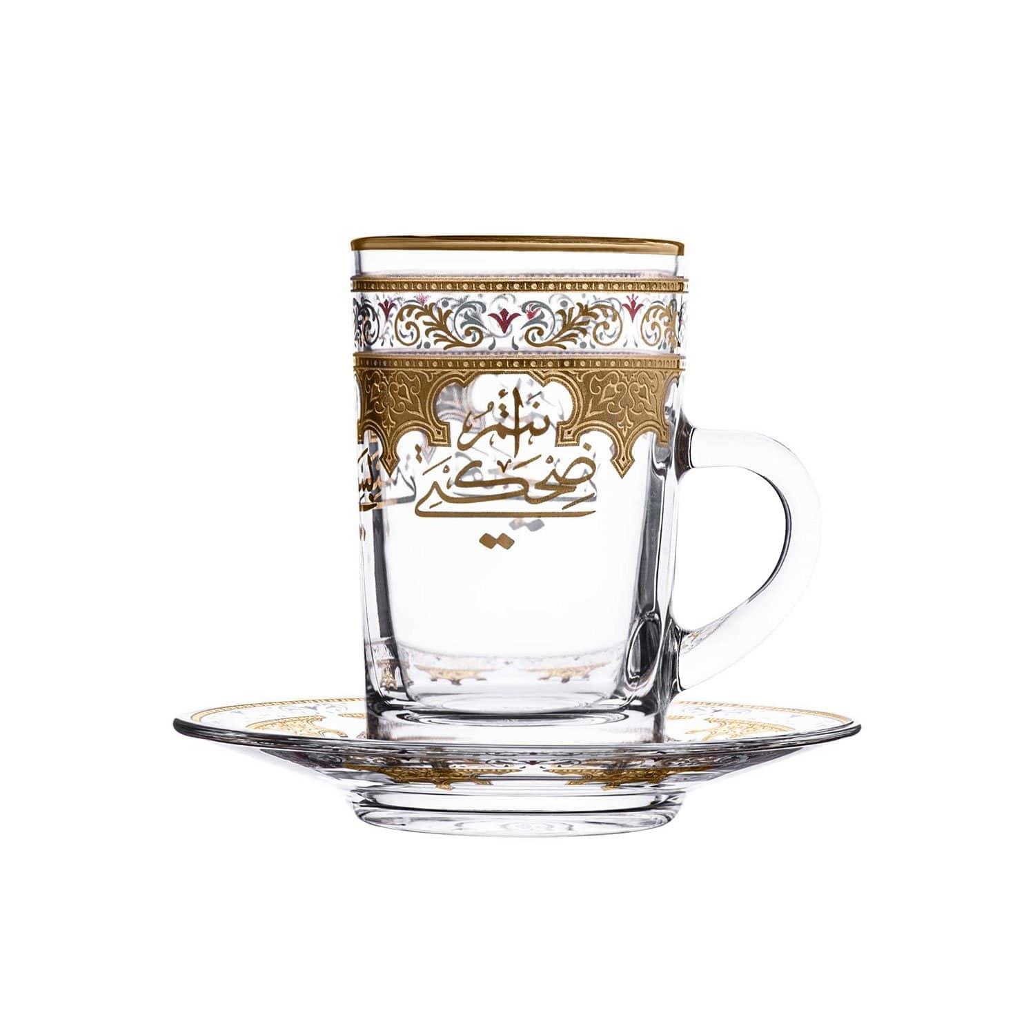 طقم كاسات شاي زجاج 12 قطعة مع صحون شفاف وذهبي مزخرف دملاج  DIMLAJ SUROOR 12PC TEA CUP AND SAUCER
