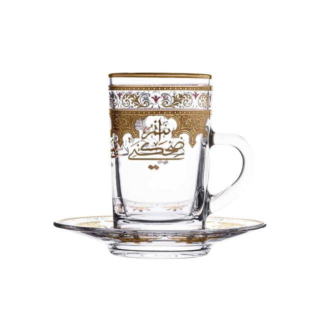 طقم كاسات شاي زجاج 12 قطعة مع صحون شفاف وذهبي مزخرف دملاج  DIMLAJ SUROOR 12PC TEA CUP AND SAUCER - SW1hZ2U6MTU3MzM2OA==