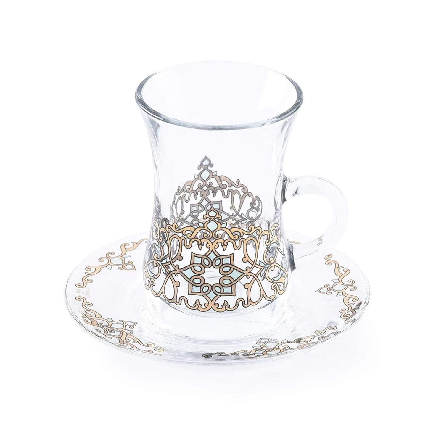 Dimlaj Regal Tea Glass and Saucer - Gold and Green, Set of 12 - 20805