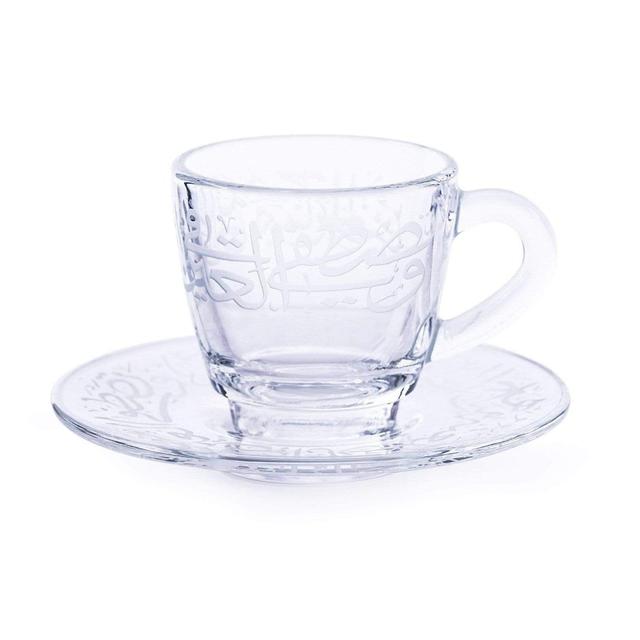 فناجين قهوة فخمه 12 قطعة مع صحون زجاجية شفاف مزخرف دملاج Dimlaj Thuluth Engraved Coffee Cup and Saucer Set of 12 - SW1hZ2U6MTU3ODk0MA==