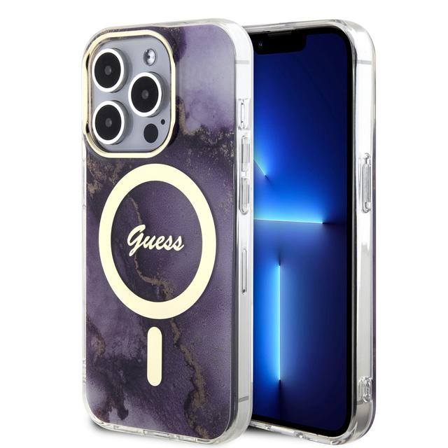 Guess Magsafe IML Case with Marble Edition Pattern for iPhone 15 Pro Max -Purple - SW1hZ2U6MTYyOTgzMA==