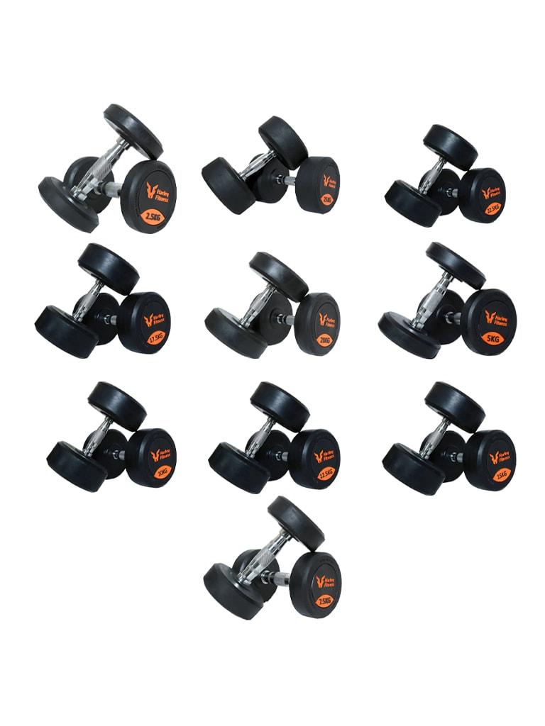 اثقال رياضية دامبلز 10 في 1 من 2.5 الى 25 كيلو هارلي فيتنس Harley Fitness Premium Rubber Coated Bouncing Round Dumbbells