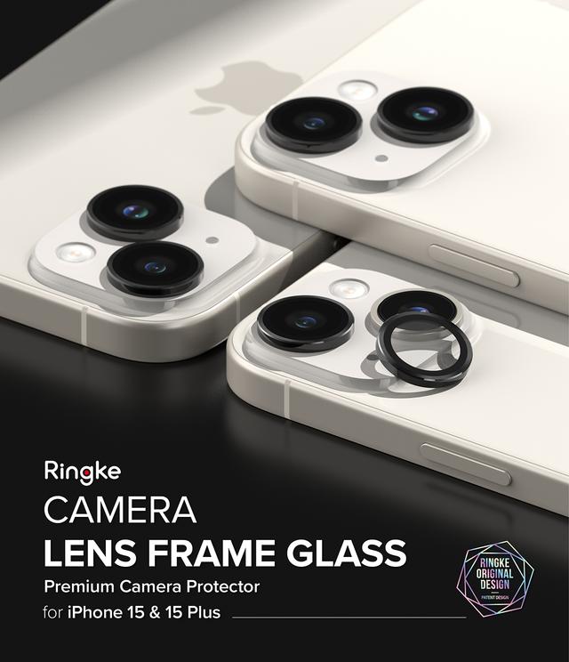Ringke Camera Lens Frame Glass Protector Compatible with iPhone 15 Plus / 15 (2023), Anti-Fingerprint Camera Lens Tempered Glass Covers and Aluminum Alloy Frames Adhesive Coating - Black - SW1hZ2U6MTU5NjQ5Mw==