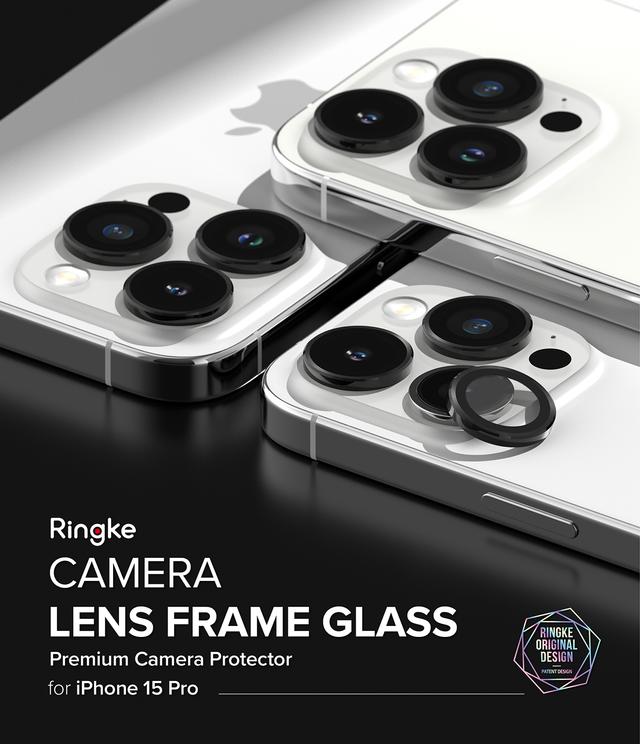 Ringke Camera Lens Frame Glass Protector Compatible with iPhone 15 Pro (2023), Anti-Fingerprint Camera Lens Tempered Glass Covers and Aluminum Alloy Frames Adhesive Coating - Black - SW1hZ2U6MTU5NjQ3Ng==