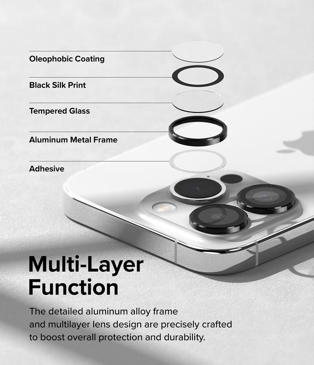 Ringke Camera Lens Frame Glass Protector Compatible with iPhone 15 Pro Max (2023), Anti-Fingerprint Camera Lens Tempered Glass Covers and Aluminum Alloy Frames Adhesive Coating - Black - SW1hZ2U6MTU5NjQyOA==