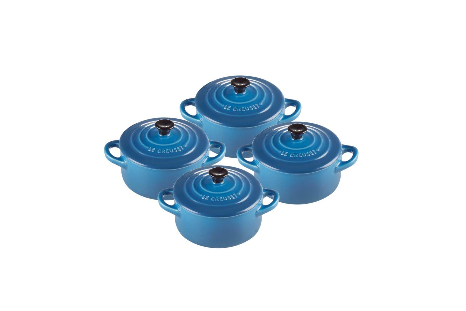 طقم طناجر صغيرة 0.25 لتر سيراميك عدد 4 للميكروويف لوكروسيه أزرق LE CREUSET MINI ROUND COCOTTE