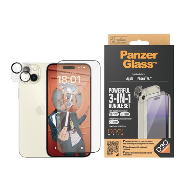 PanzerGlass Apple iPhone 15 Plus 2023 6.7" ULTIMATE PROTECTION 3in1 Bundle ClearCase w/ D3O +UWF Screen Protector + Camera Lens Protector - SW1hZ2U6MTU5MDM1Mg==