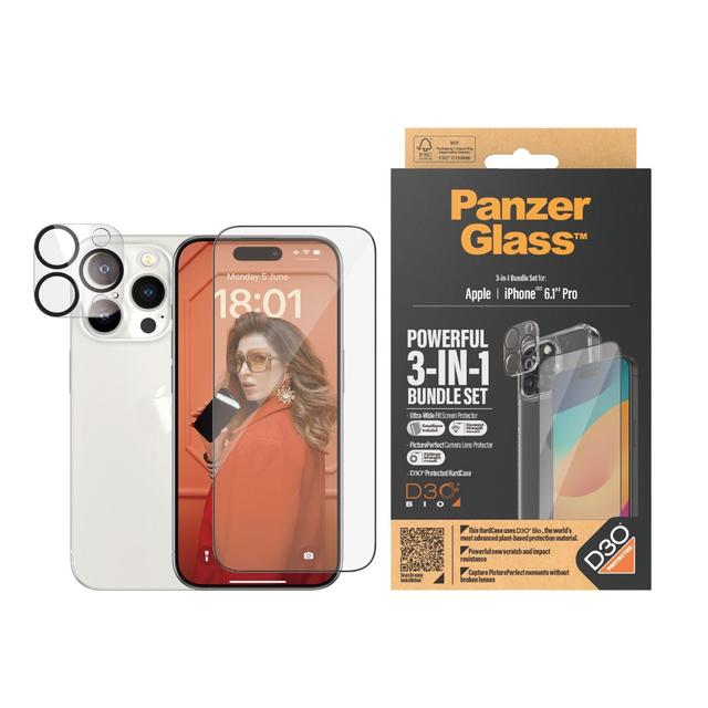 PanzerGlass Apple iPhone 15 Pro 2023 6.1" ULTIMATE PROTECTION 3in1 Bundle ClearCase w/ D3O +UWF Screen Protector + Camera Lens Protector - SW1hZ2U6MTU5MDM1OQ==