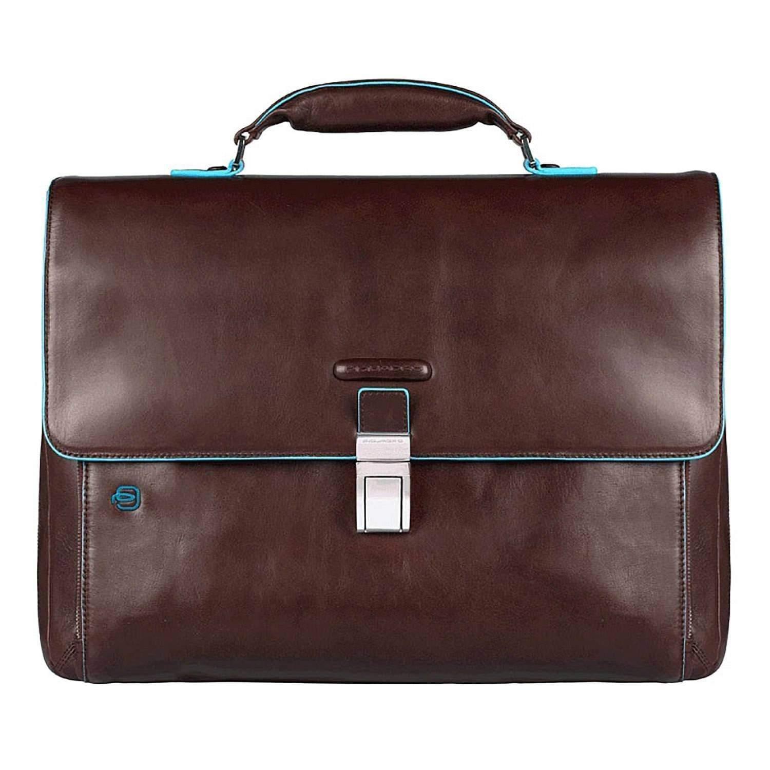 Piquadro Blue Square Leather Briefcase with Flap Closure - Mahogany - CA3111B2/MO