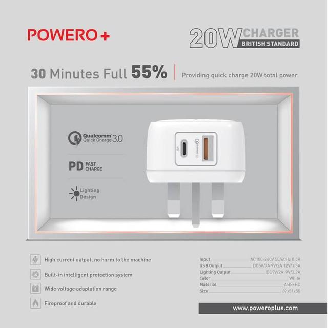 Powero+ British Standard Charger 20W - White - SW1hZ2U6MTYxMzI4MQ==