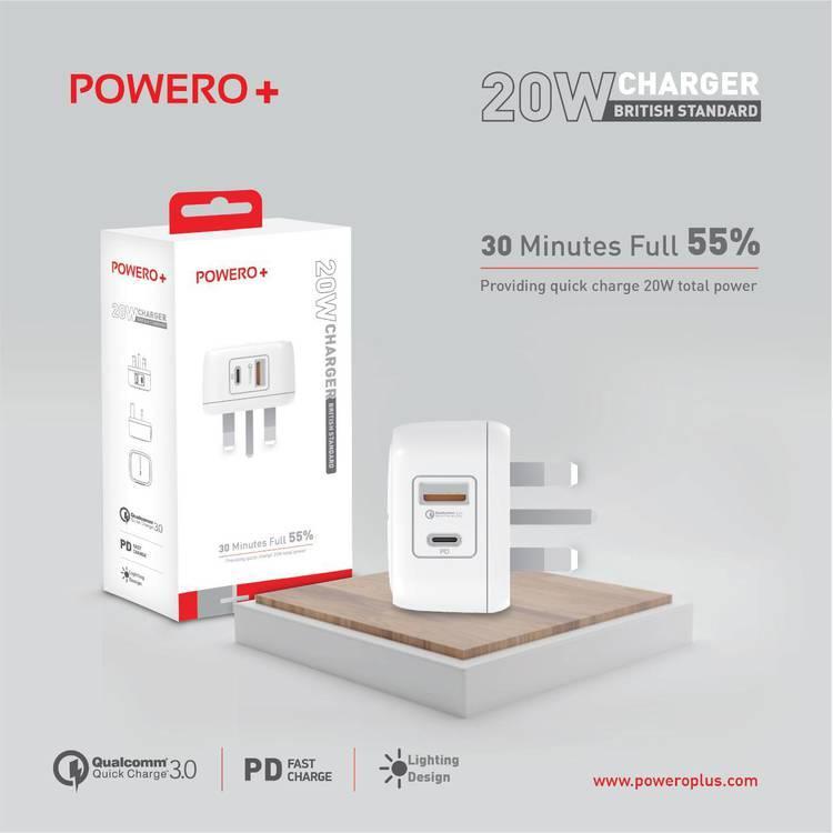 شاحن جداري 20 واط بمنفذين لون أبيض من باورو Powero+ British Standard Charger