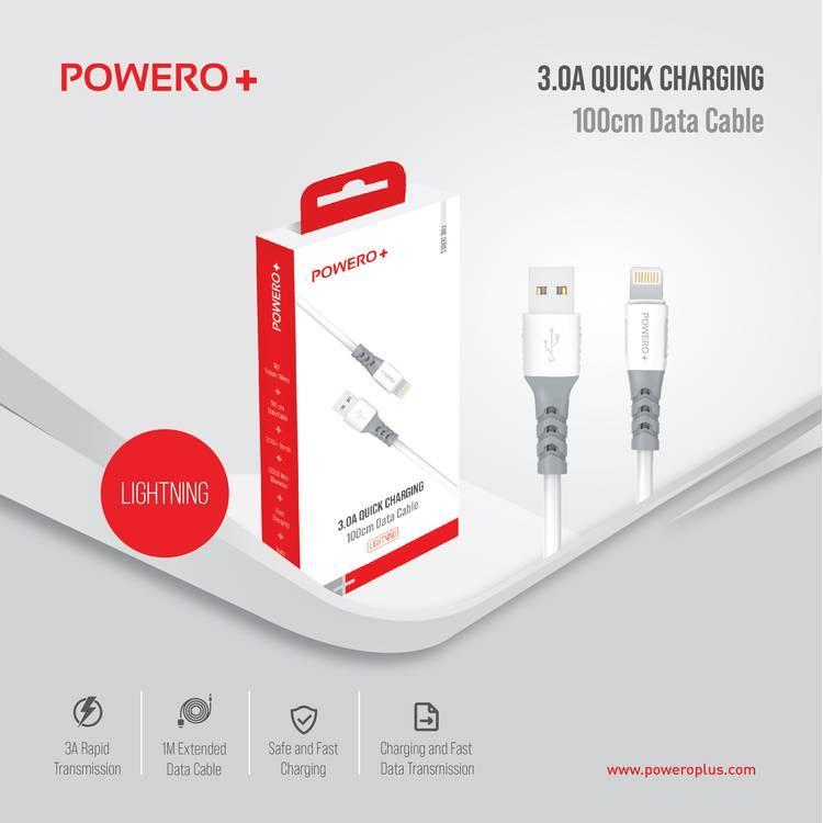 سلك ايفون يدعم الشحن السريع 3 أمبير لون أبيض من باورو Powero+ Fine Series Lightning Data Cable