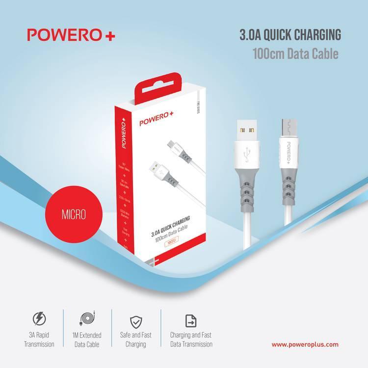 وصلة شحن USB-A إلى Micro USB تدعم الشحن السريع 3 أمبير لون أبيض Powero+ Fine Series Micro USB Data Cable