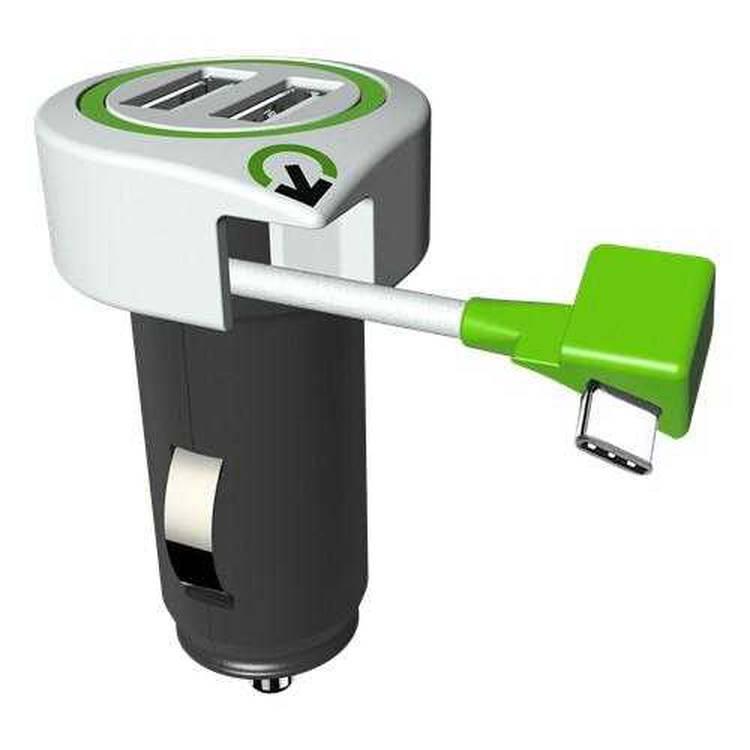 Q2 Power Triple USB Car Charger with Extractable LType-C Cable 3.1A - Black/White