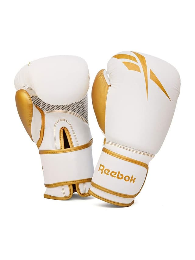 قفازات ملاكمة باللون الأبيض والذهبي مقاس 10ozمن فينتس ريبوك Reebok Fitness Retail Boxing Gloves Color Gold/WhiteSize 10 Oz - 718580