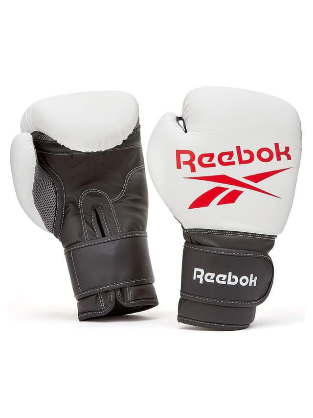 قفازات ملاكمة باللون الأبيض والأسود بمقاس 10ozمن فينتس ريبوكReebok Fitness Retail Boxing Gloves Color White/BlackSize 10 Oz - 718576