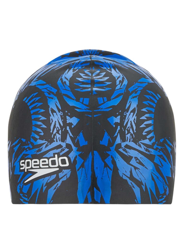 قبعة السباحة سيليكون مطبوعة أزرق وأسود سببدو SPEEDO Printed Silicone Swimming Cap Color Black Harmony Blue