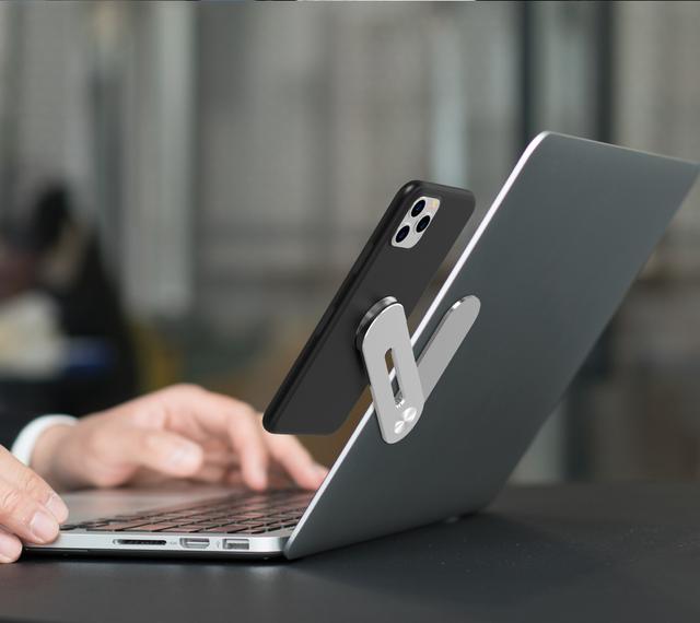 O Ozone Laptop Extension Phone Holder, Premium Aluminum Adjustable Laptop Side Mount Magnetic Clip Holder, Computer Monitor Expansion Bracket, Slim Portable Foldable Smartphone Stand- Silver