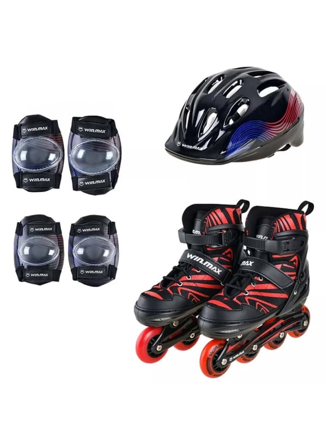 حذاء تزلج للاطفال مع خوذة أمان وواقي حماية قياس سمول أحمر وين ماكس Winmax Kinetik Kids Inline Skate Combo Set Skate Helmet and Protector Color Red Size S - 719179