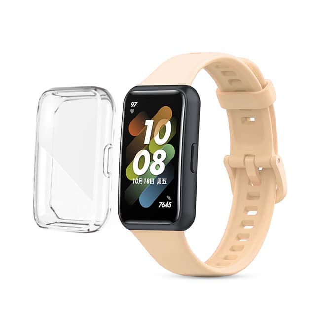 سير ساعة هواوي باند 7 سيليكون لون بيج من او اوزون مع كفر ساعة لون شفاف O Ozone Silicone Straps Compatible with Huawei Watch Band 7
