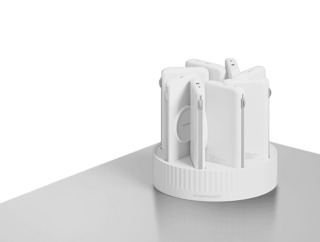 شاحن متنقل ستيشن 8 في 1 بسعة 10000مللي أمبير 120 واط مع كابلي شحن بورولجي أبيض Powerology 8in1 Station 10000mAh PD 120W QC Wireless Power Bank  White
