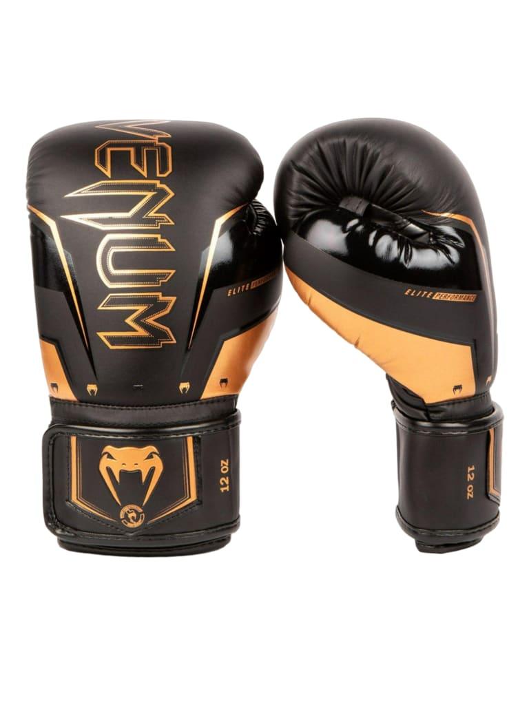 Venum Elite Evo Boxing Gloves | Black/Bronze Size 16 Oz