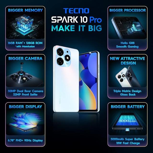 موبايل جوال تكنو سبارك 10 برو رامات 8 جيجا - مساحة تخزين 256 جيجا Tecno Spark 10 Pro Smartphone